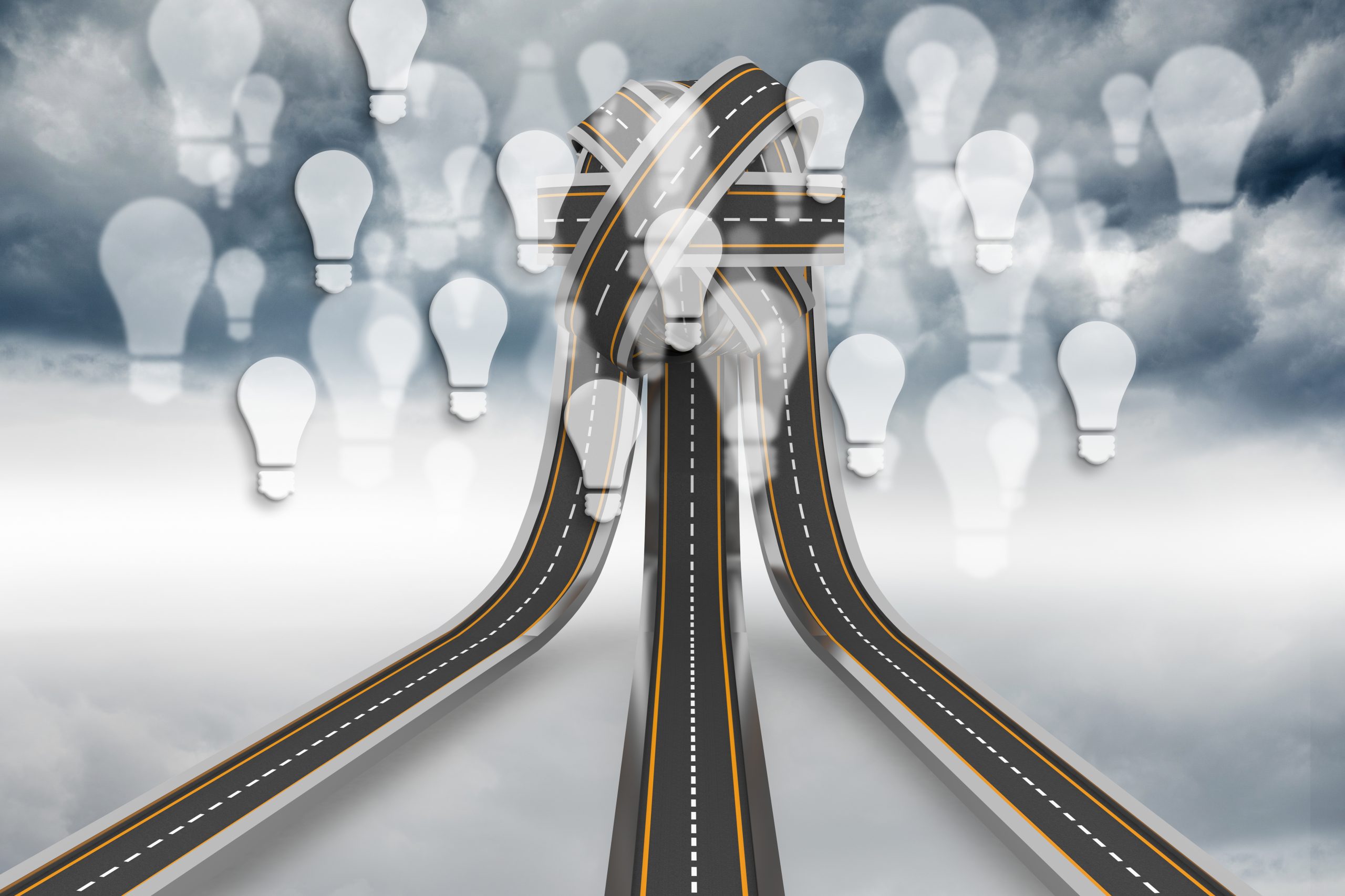 composite tangled roads with lightbulb graphics on sky backgrond